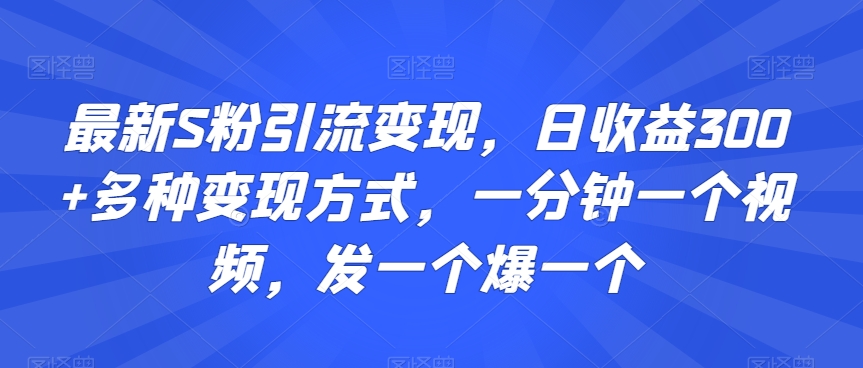 最新S粉引流变现，日收益300+多种变现方式，一分钟一个视频，发一个爆一个