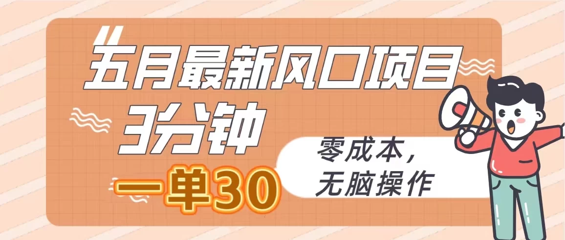 五月最新风口项目，3分钟一单30，无脑操作，零成本