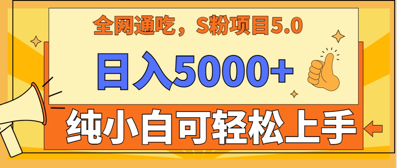 全网通吃，S粉项目5.0，最新野路子，纯小白可操作，有手就行，无脑照抄，单日变现5000+，纯保姆教学