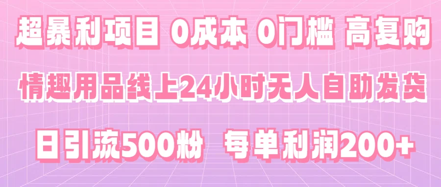 超暴利项目，情趣用品线上24小时-无人自助发货，0成本，0门槛，高复购，有手就能做，日引500粉，每单利润200+