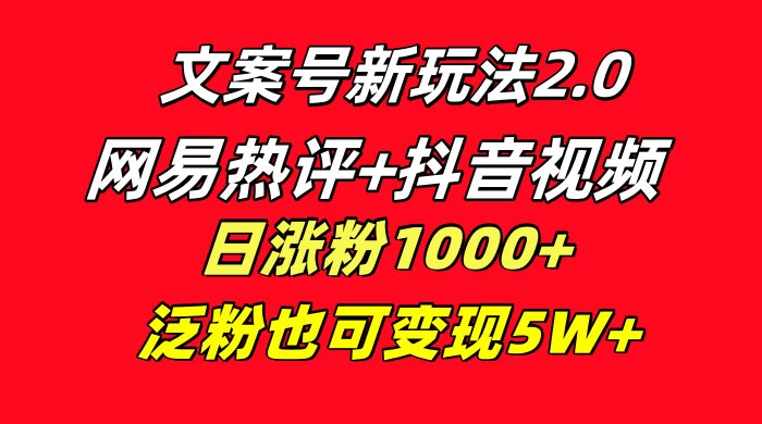 文案号新玩法，网易热评+抖音文案 一周轻松涨粉 5W+ 多种变现模式